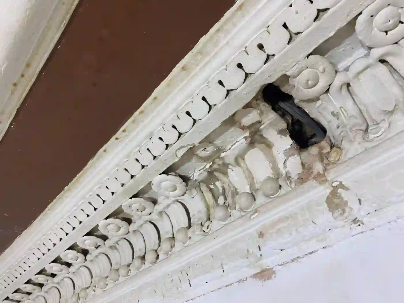 Gallery image for Cornice repair and ceiling rose installation in Finnieston, Glasgow: Floral decoration missing before restoration