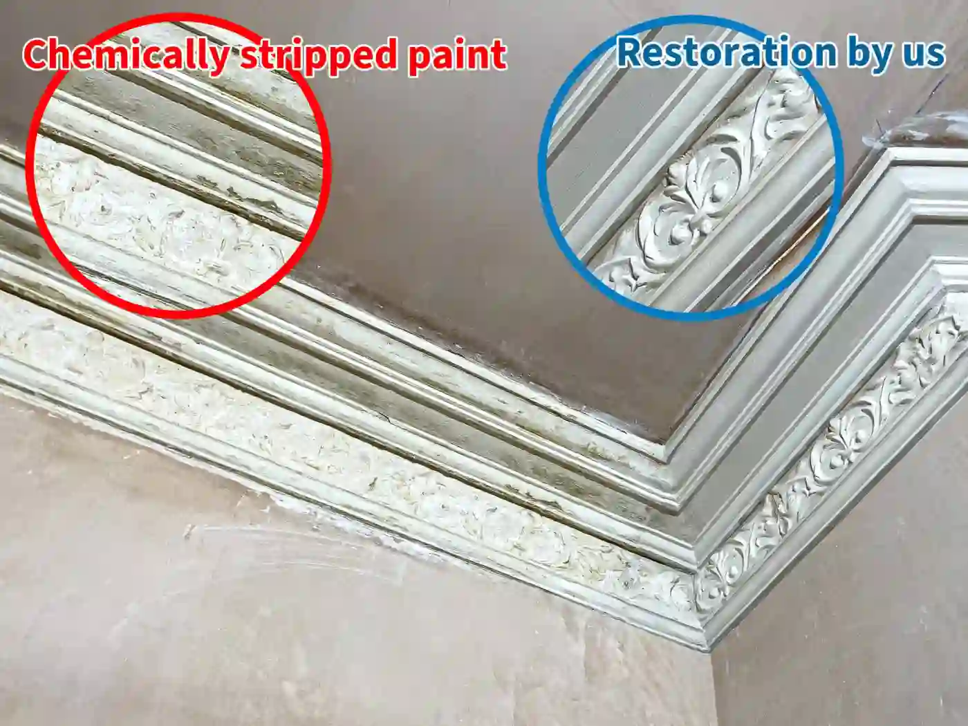 Gallery image for Cornice Repair and Plaster Restoration in Glasgow, City Centre: Cornice with chemically stripped paint compared to cornice restored by us