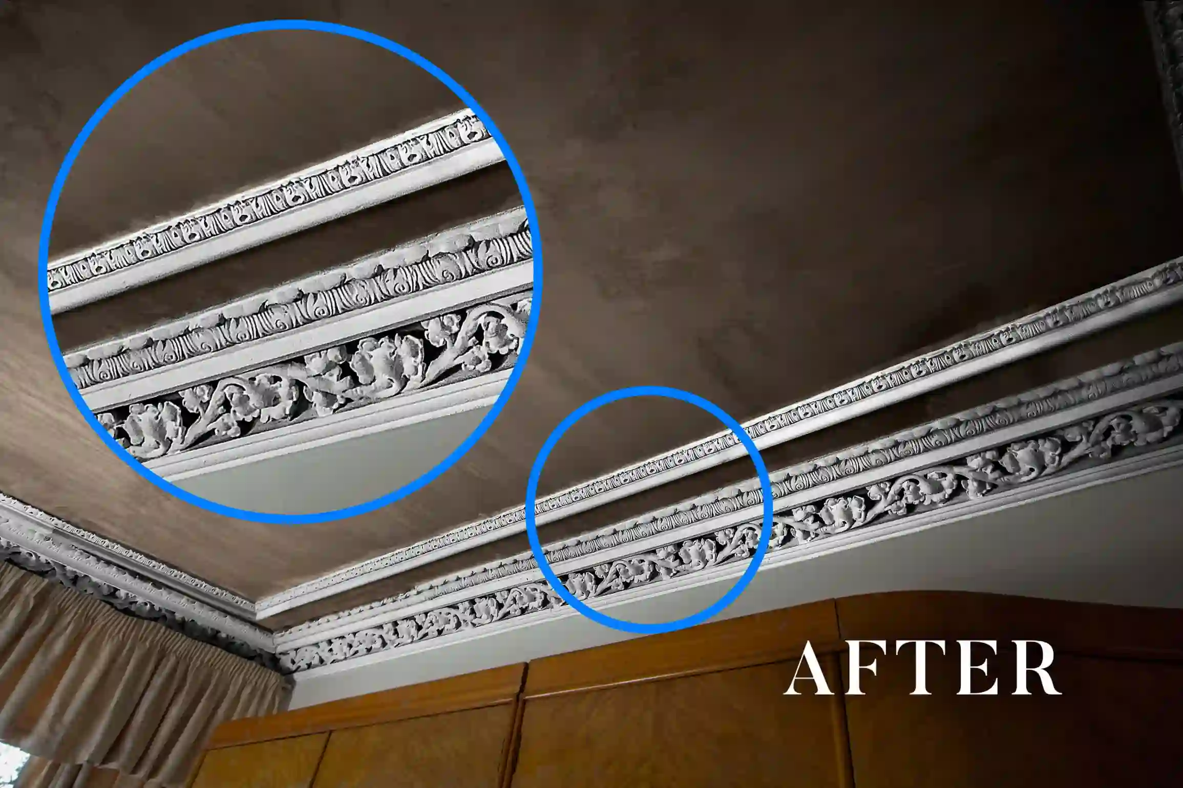 Gallery image for Cornice repair and restoration in Lanarkshire, Scotland: Close-Up of the Restored Cornice, Showing the Detail in the Restoration